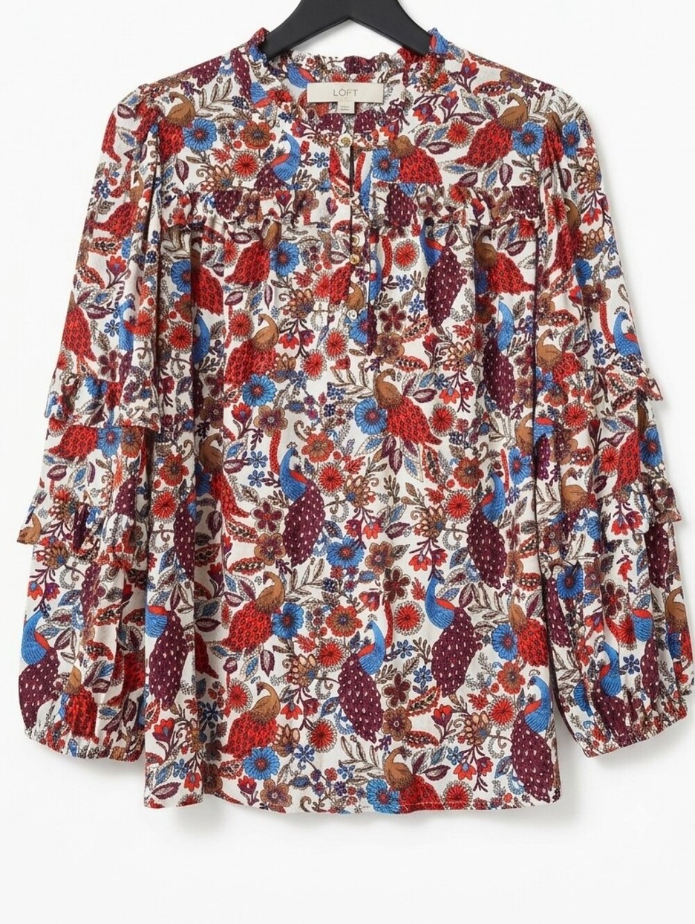 LOFT Peacock Floral Ruffle Sleeve Button Front Blouse Red Blue Womens Small